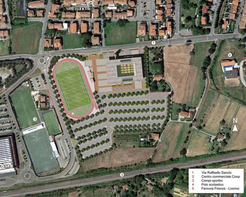 Il rendering dell’area con impianto per l’atletica (project dell’Empoli) e palasport