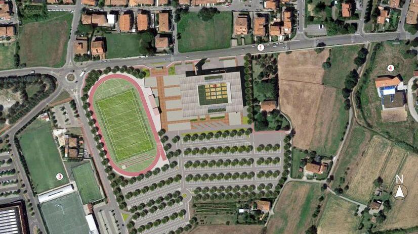 Il rendering dell’area con impianto per l’atletica (project dell’Empoli) e palasport