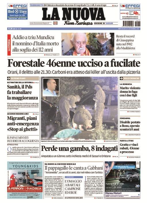La Nuova Sardegna - Prima Pagina - 20 settembre 2017 