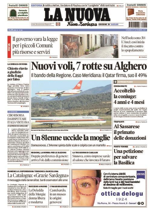 La Nuova Sardegna - Prima Pagina - 29 settembre 2017