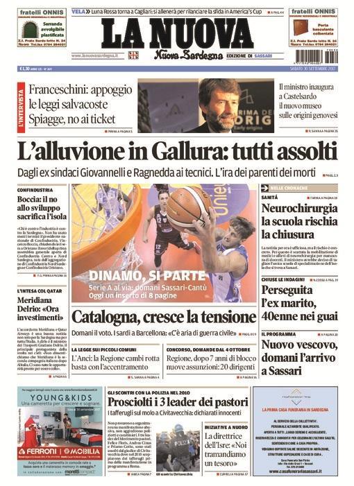 La Nuova Sardegna - Prima Pagina - 30 settembre 2017