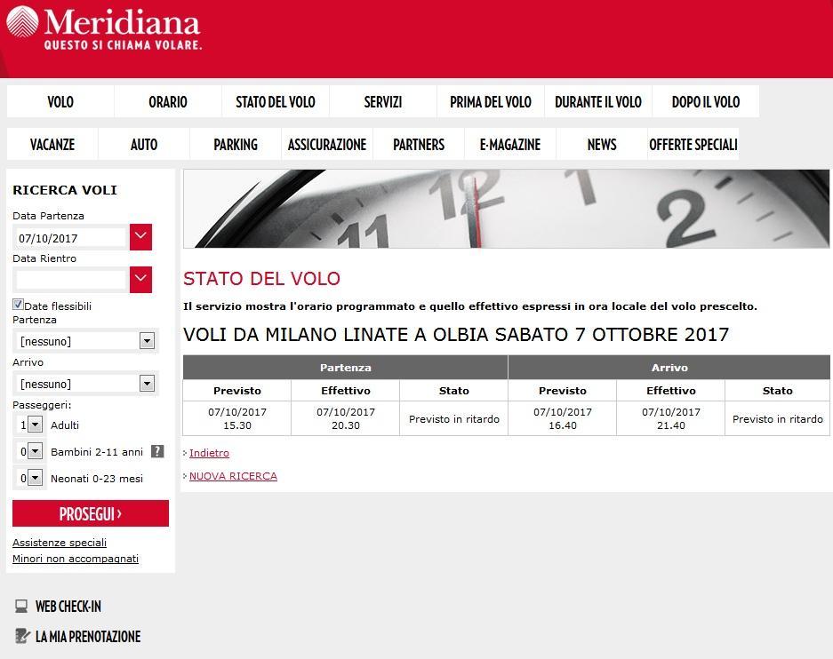 Il ritardo segnalato sul sito di Meridiana