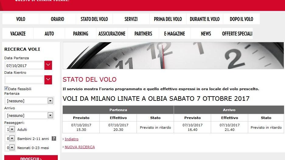 Il ritardo segnalato sul sito di Meridiana