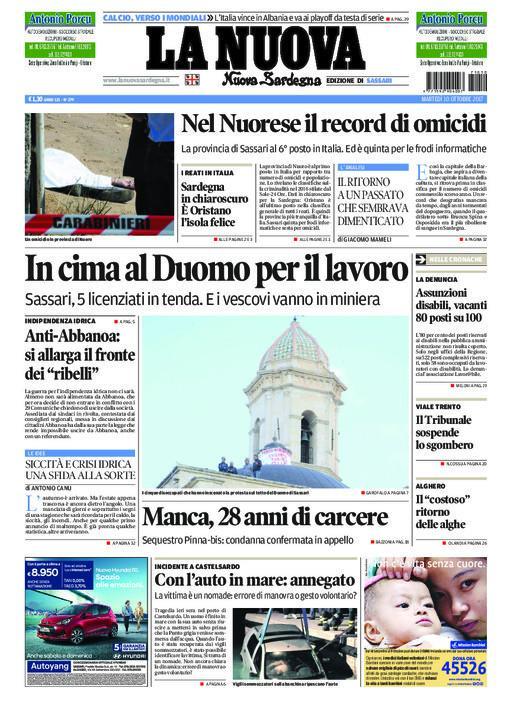 La Nuova Sardegna - Prima Pagina - 10 ottobre 2017