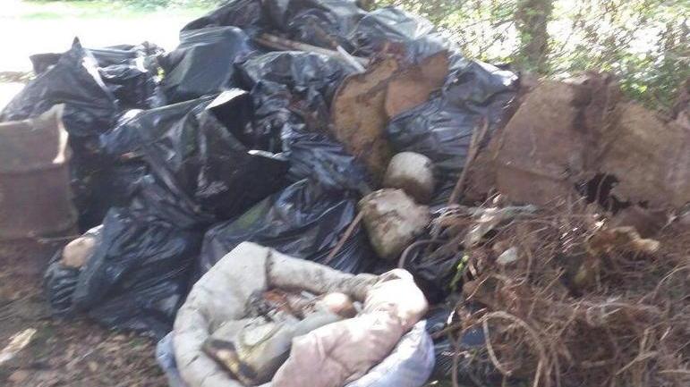 In pineta buste abbandonate con flaconi di noto parrucchiere