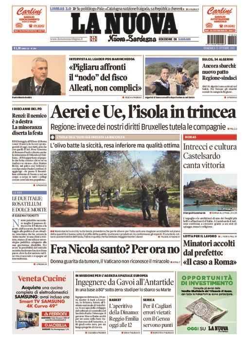 La Nuova Sardegna - Prima Pagina - 15 ottobre 2017