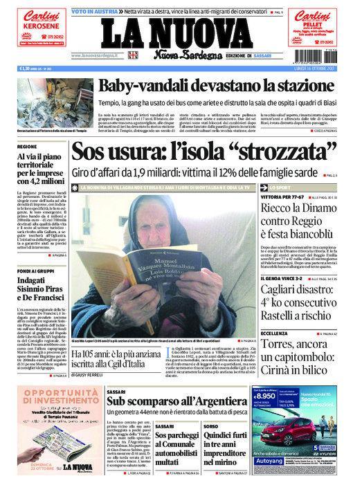 La Nuova Sardegna - Prima Pagina - 16 ottobre 2017