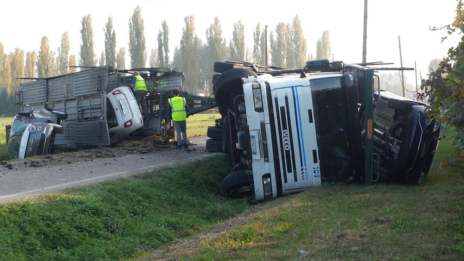 Reggio Emilia, bisarca carica di auto si ribalta in via Comparoni: strada bloccata 