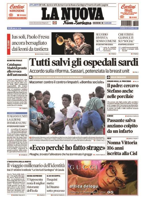 La Nuova Sardegna - Prima Pagina - 20 ottobre 2017