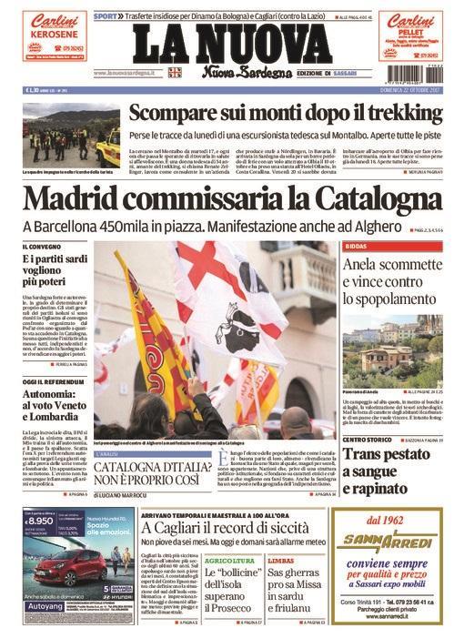 La Nuova Sardegna - Prima Pagina - 22 ottobre 2017