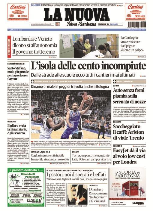 La Nuova Sardegna - Prima Pagina - 23 ottobre 2017
