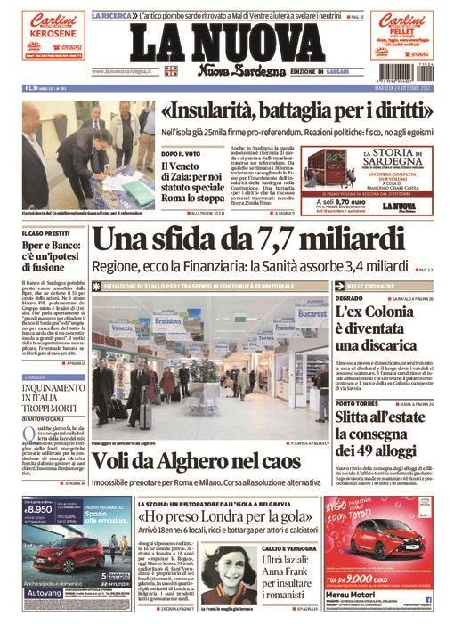 La Nuova Sardegna - Prima Pagina - 24 ottobre 2017