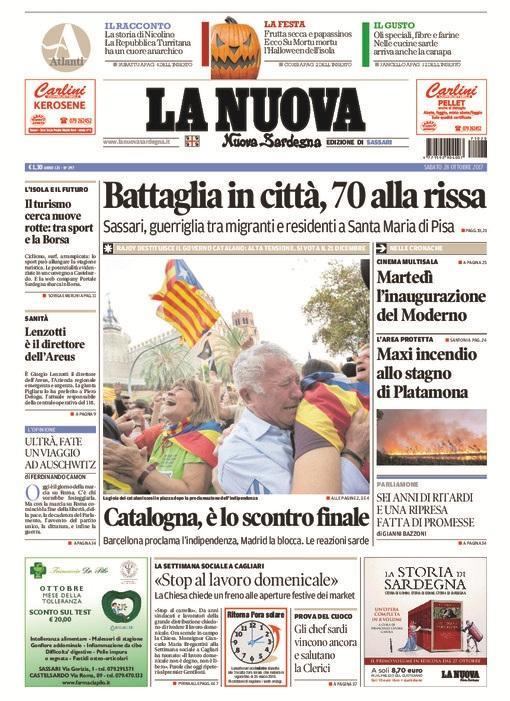 La Nuova Sardegna - Prima Pagina - 28 ottobre 2017