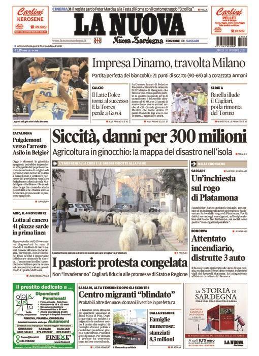 La Nuova Sardegna - Prima Pagina - 30 ottobre 2017