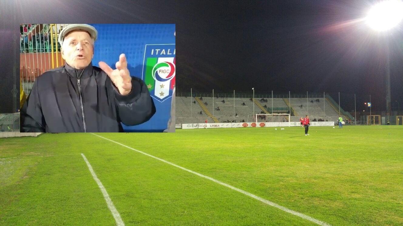 Nella foto grande la Curva Ovest del Porta Elisa di Lucca vuota, nella foto piccola Dante Unti (Foto Sernacchioli)