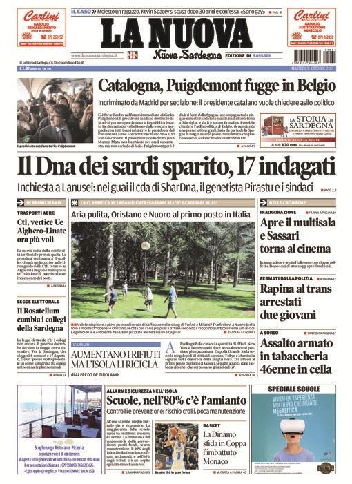 La Nuova Sardegna - Prima Pagina - 31 ottobre 2017