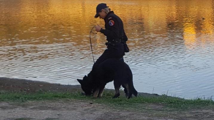 Un carabiniere insieme al cane lungo il Bisenzio