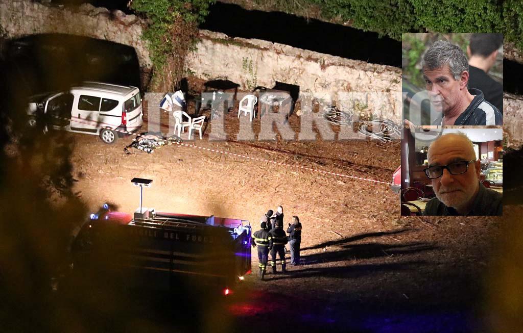 Il luogo dell'omicidio: a sinistra la Fiat Doblò con la quale Marco Casonato, nella foto piccola in basso con gli occhiali, ha investito e ucciso il fratello Piero, nella foto piccola in alto (Foto Cuffaro)