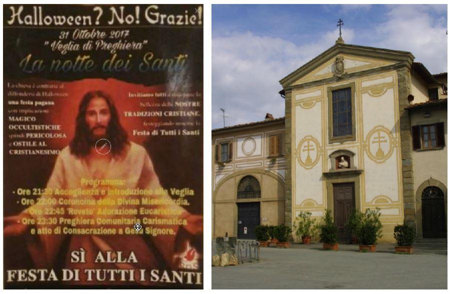 Il volantino esposto fuori dalla parrocchia e a destra la chiesa dell'Ambrogiana