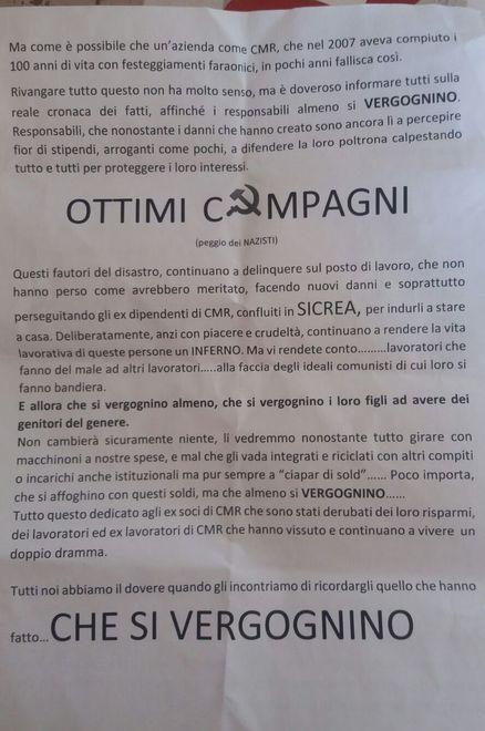 Volantino anonimo sul crac Cmr distribuito al cimitero