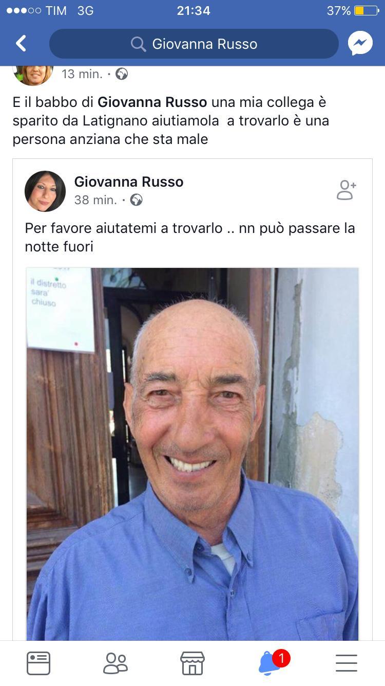 Pensionato scomparso da casa e riitrovato dopo l'appello dei familiari 