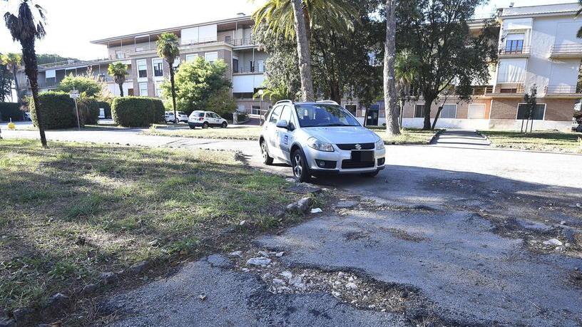 Uno dei vialetti dissestatai nel parco di Villa Pizzetti a Grosseto, centro direzionale dell'Asl (foto Agenzia Bf)