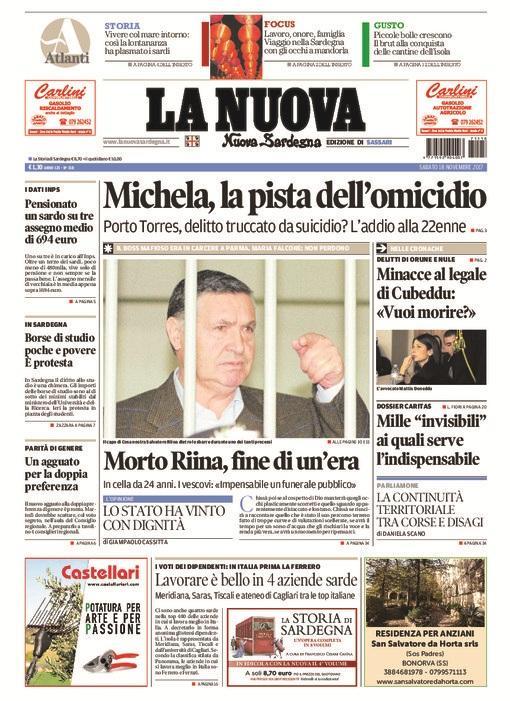La Nuova Sardegna - Prima Pagina - 18 novembre 2017