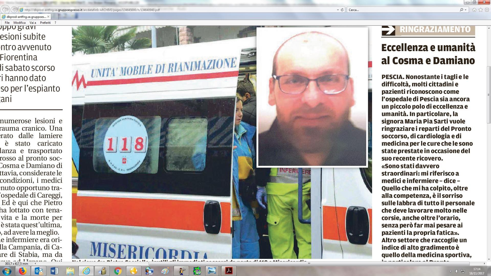 Nel riquadro Pietro Casciello: inutili gli immediati soccorsi da parte di 118 e Misericordia