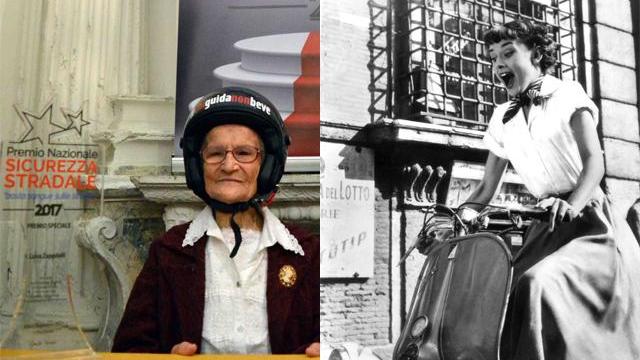 Luisa Zappitelli, 106 anni e il casco ben allacciato e Audrey Hepburn in Vespa in “Vacanze Romane”
