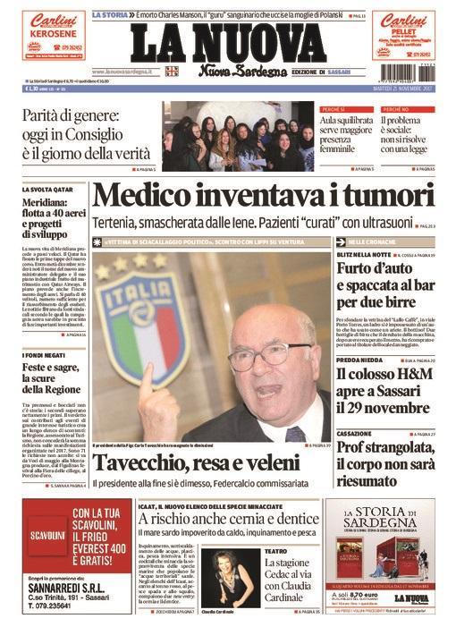 La Nuova Sardegna - Prima Pagina - 21 novembre 2017