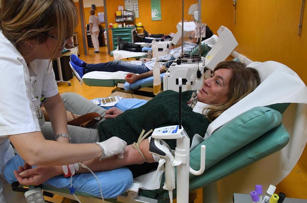 Una donatrice durante le operazioni di prelievo del sangue (Foto Franco Silvi)