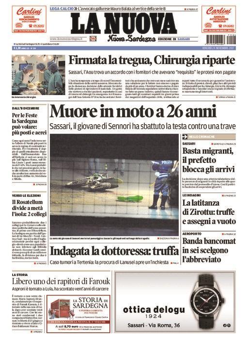 La Nuova Sardegna - Prima Pagina - 24 novembre 2017