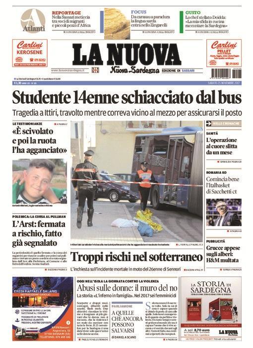 La Nuova Sardegna - Prima Pagina - 25 novembre 2017