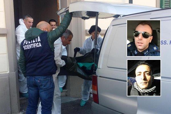 Il corpo della vittima all'uscita dalla casa di Piombino e nelle foto piccole l'omicida Marco Longo (con gli occhiali da sole) e la vittima Fadhel Hamdi