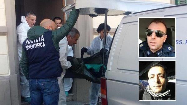 Il corpo della vittima all'uscita dalla casa di Piombino e nelle foto piccole l'omicida Marco Longo (con gli occhiali da sole) e la vittima Fadhel Hamdi