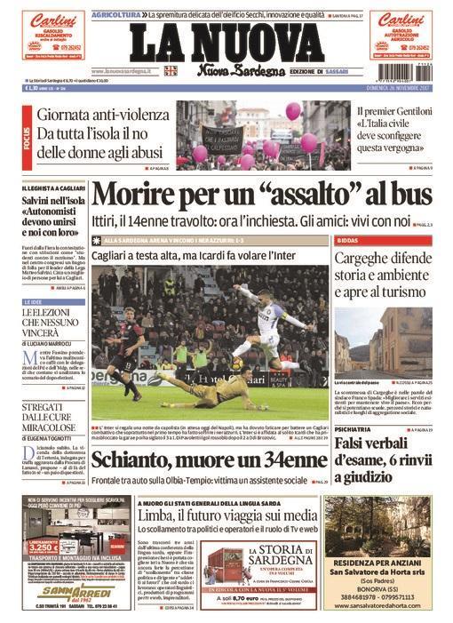 La Nuova Sardegna - Prima Pagina - 26 novembre 2017