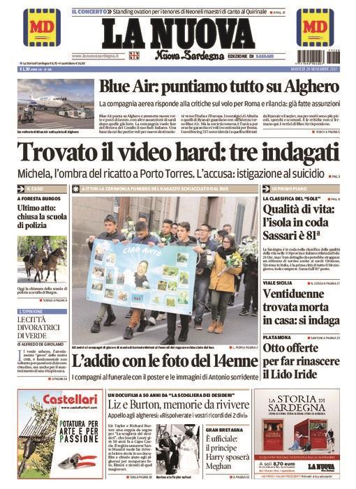 La Nuova Sardegna - Prima Pagina - 28 novembre 2017