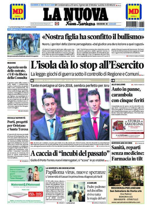 La Nuova Sardegna - Prima Pagina - 30 novembre 2017