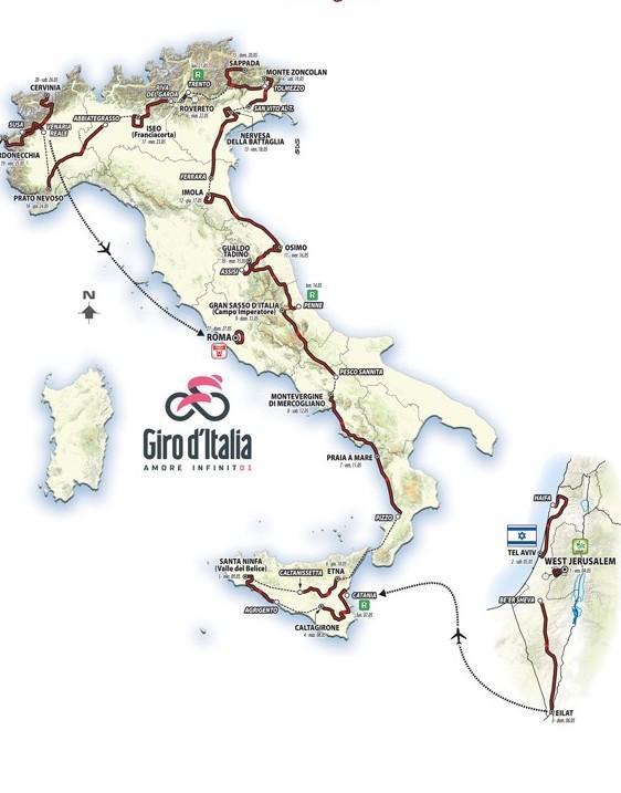 Da Gerusalemme a Roma 3546 km ricchi di salite, dall’Etna a Cervinia