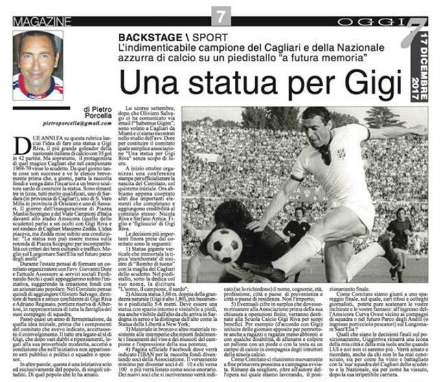 Una statua per Gigi Riva? Ne parla anche il quotidiano Usa America Oggi