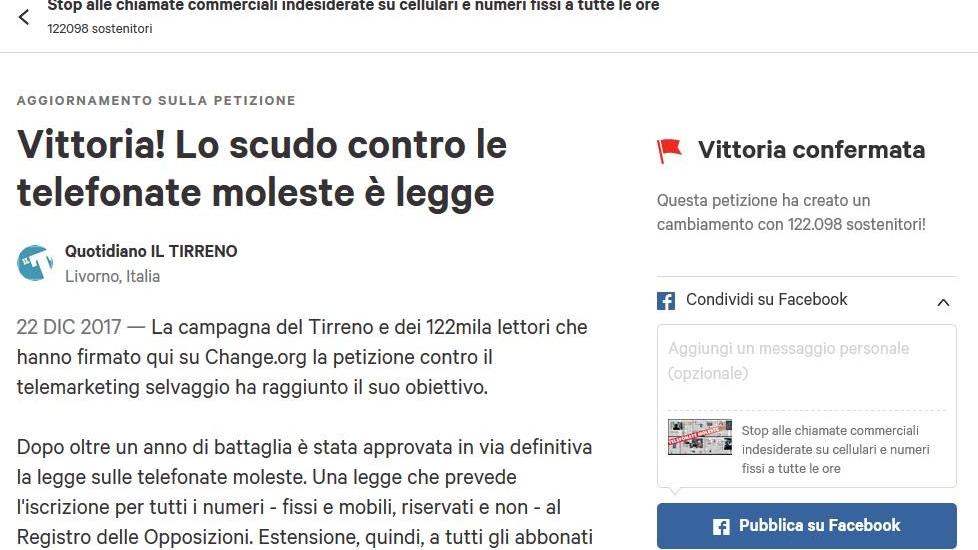 Dal portale di Change.org la celebrazione della vittoria per la battaglia contro il telemarketing aggressivo