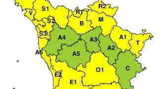 La cartina diffusa dalla Regione Toscana sull'allerta maltempo