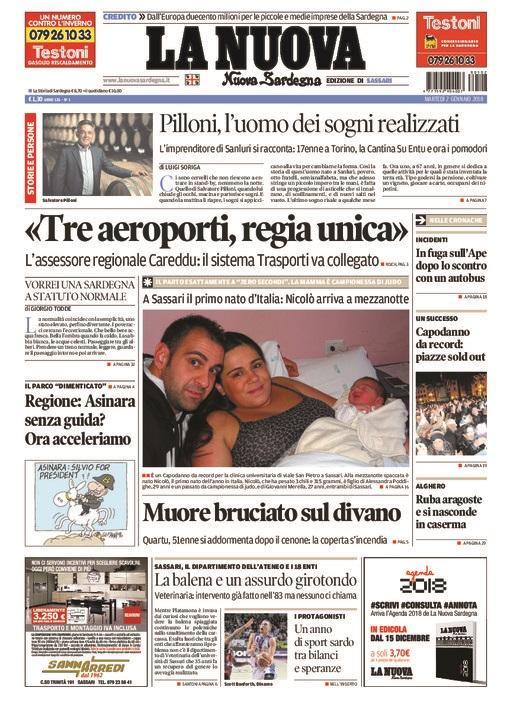 La Nuova Sardegna - Prima Pagina - 2 gennaio 2018