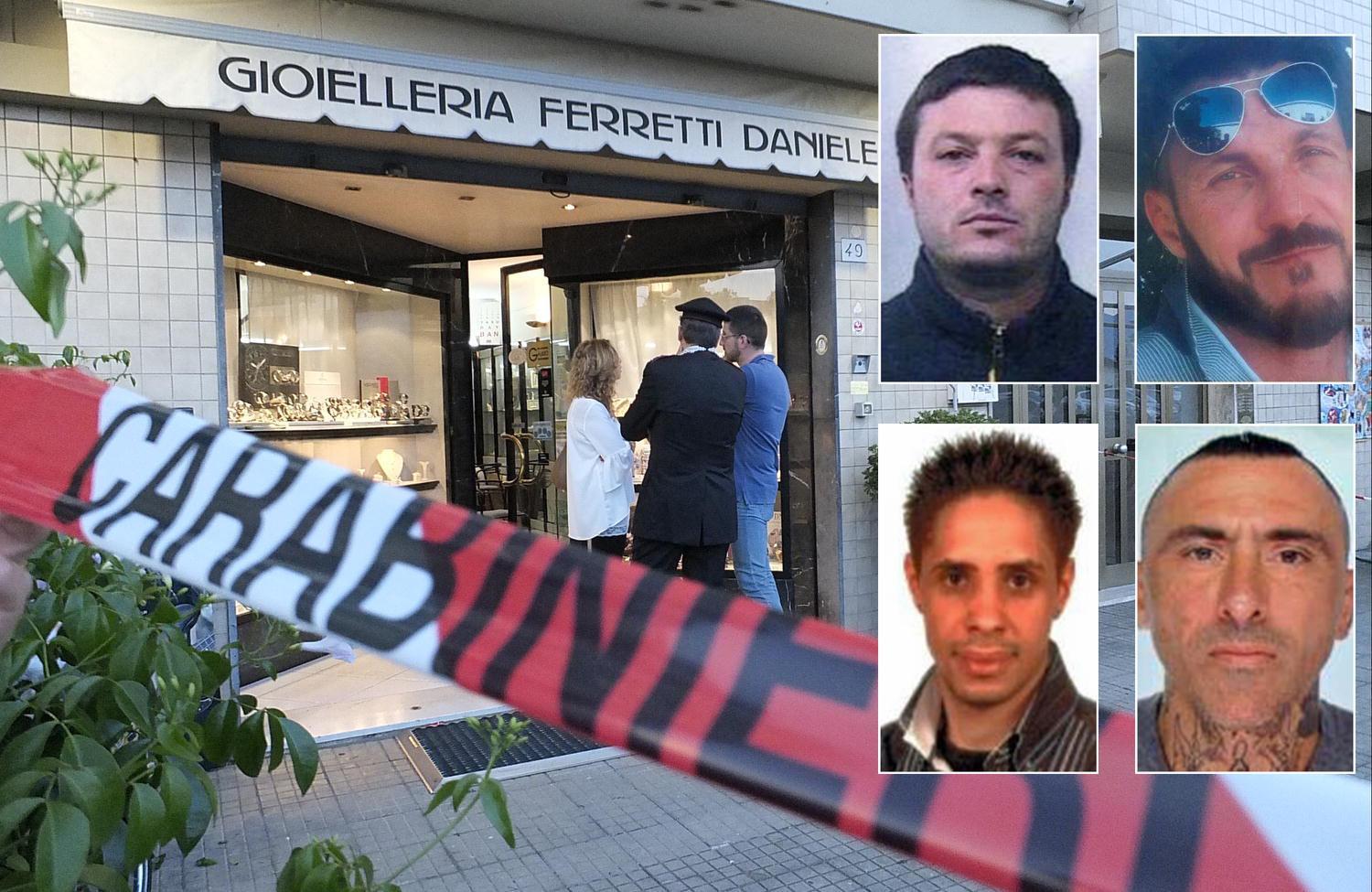 La gioielleria Ferretti e nel riquadro i tre arrestati e il rapinatore morto (in alto a destra)