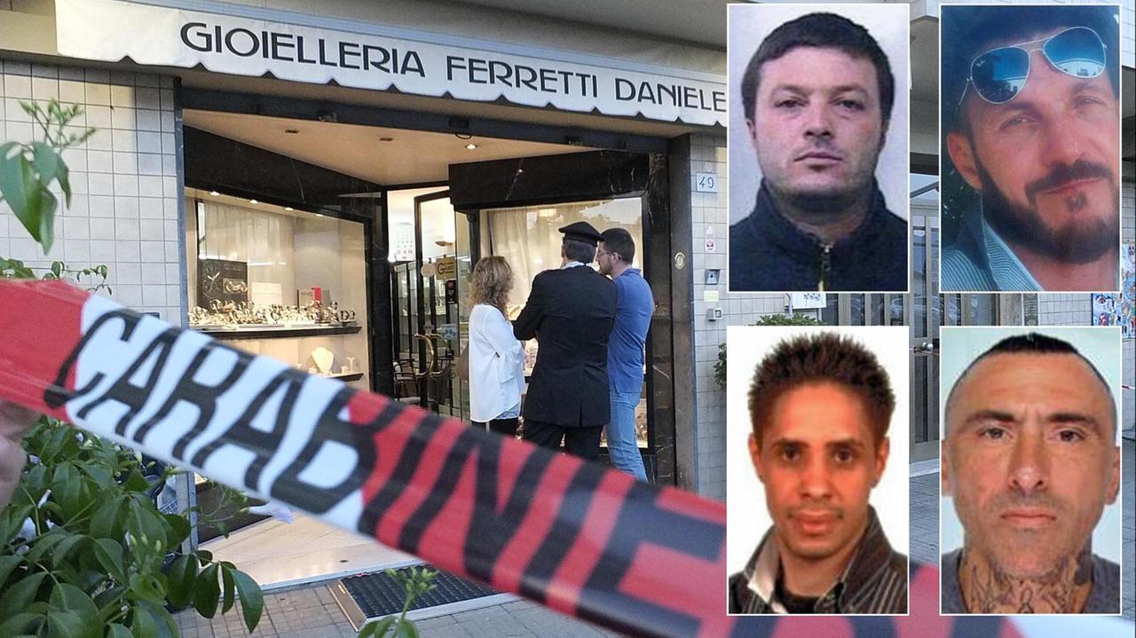 La gioielleria Ferretti e nel riquadro i tre arrestati e il rapinatore morto (in alto a destra)