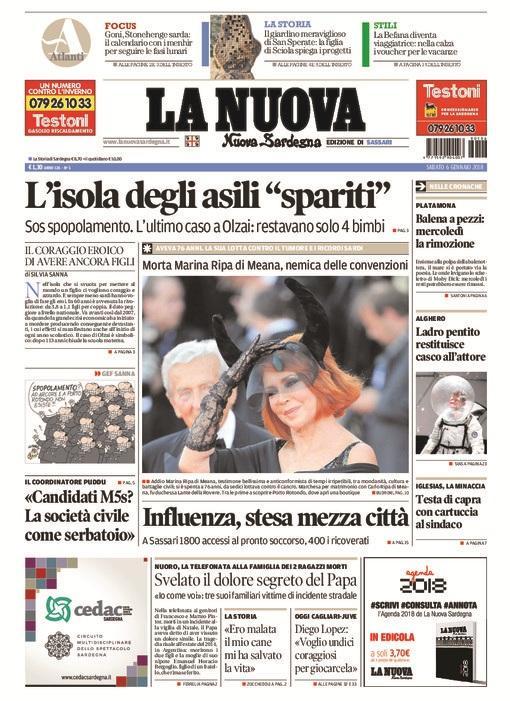 La Nuova Sardegna - Prima Pagina - 6 gennaio 2018