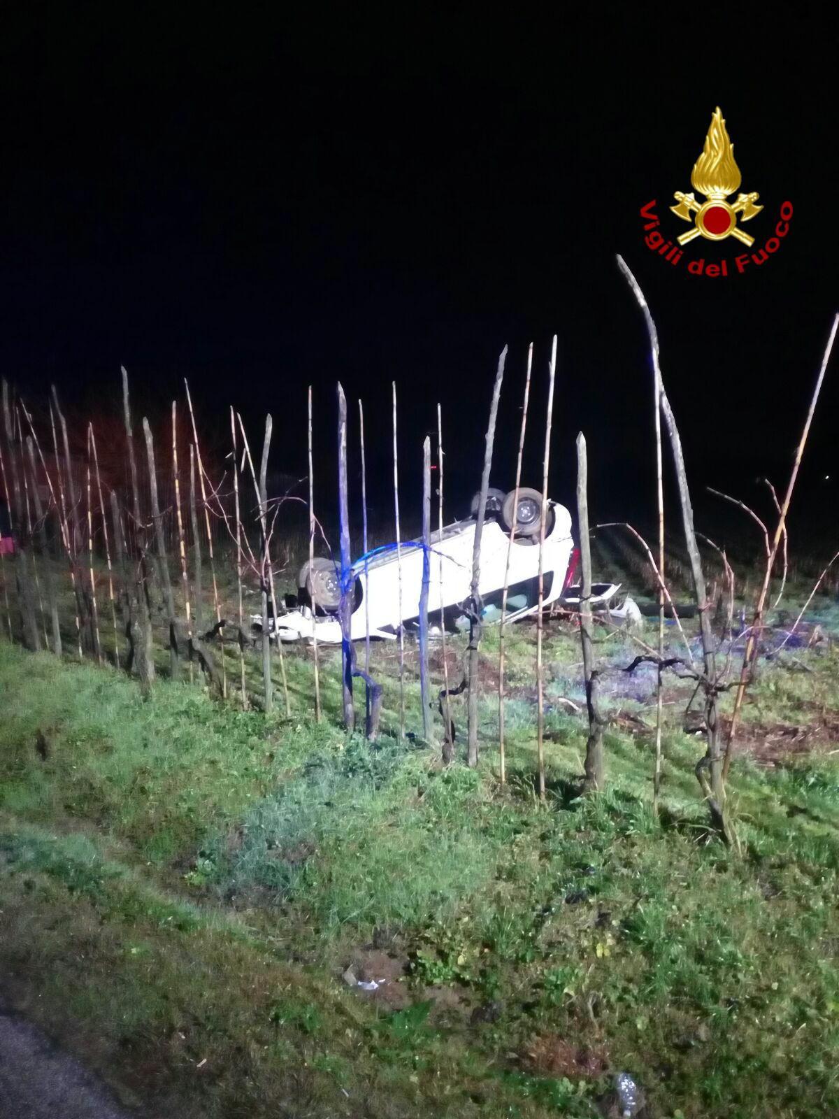 L'auto ribaltata nel campo (Foto Vigili del fuoco)