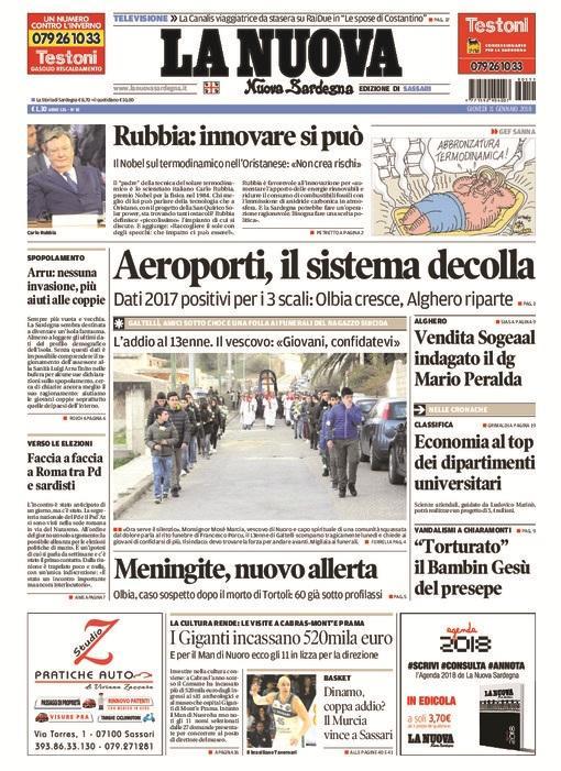 La Nuova Sardegna - Prima Pagina - 11 gennaio 2018