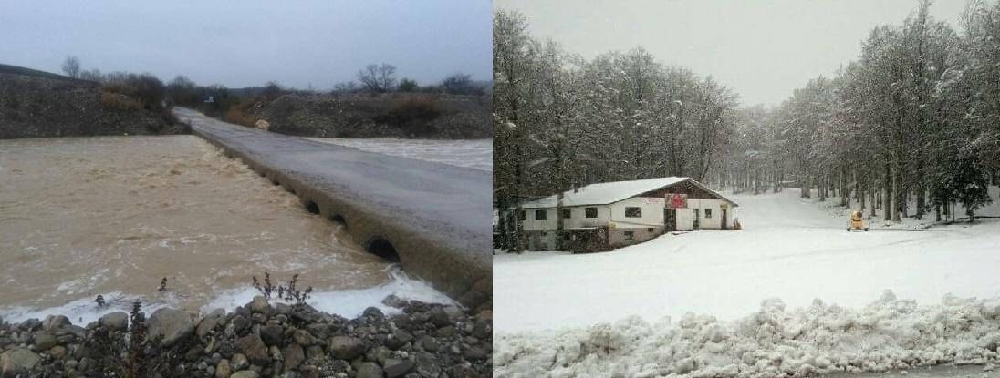 Il fosso Fiascone gonfiato dalla pioggia e la neve caduta nella mattinata dell'11 gennaio sull'Amiata al Prato delle Macinaie