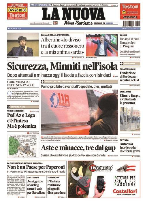 La Nuova Sardegna - Prima Pagina - 18 gennaio 2018